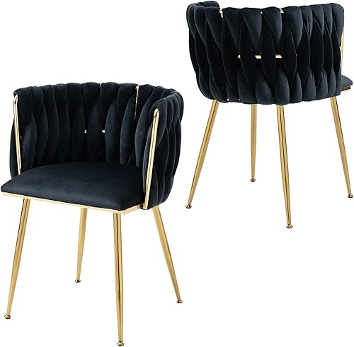 Miniatura 1 de Juego de 2 sillas de comedor tapizadas de terciopelo, sillas modernas para sala de estar con respaldo tejido y patas de metal dorado, silla auxiliar