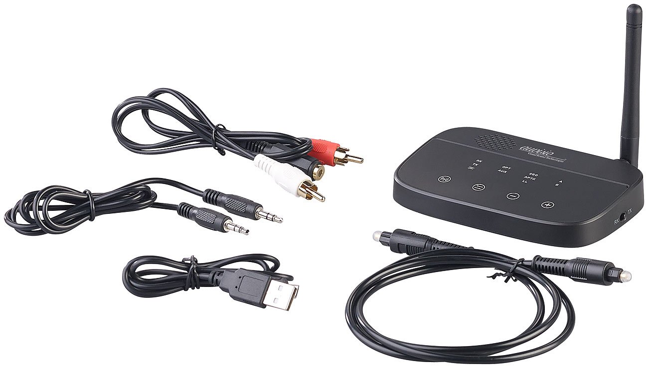 auvisio Audio Funkübertragung: 2er-Set 2in1-Audio-Sender & -Empfänger, Bluetooth 4.2, aptX (TV Funkübertragung, Audioadapter, Bluetooth, Klinke Adapter)