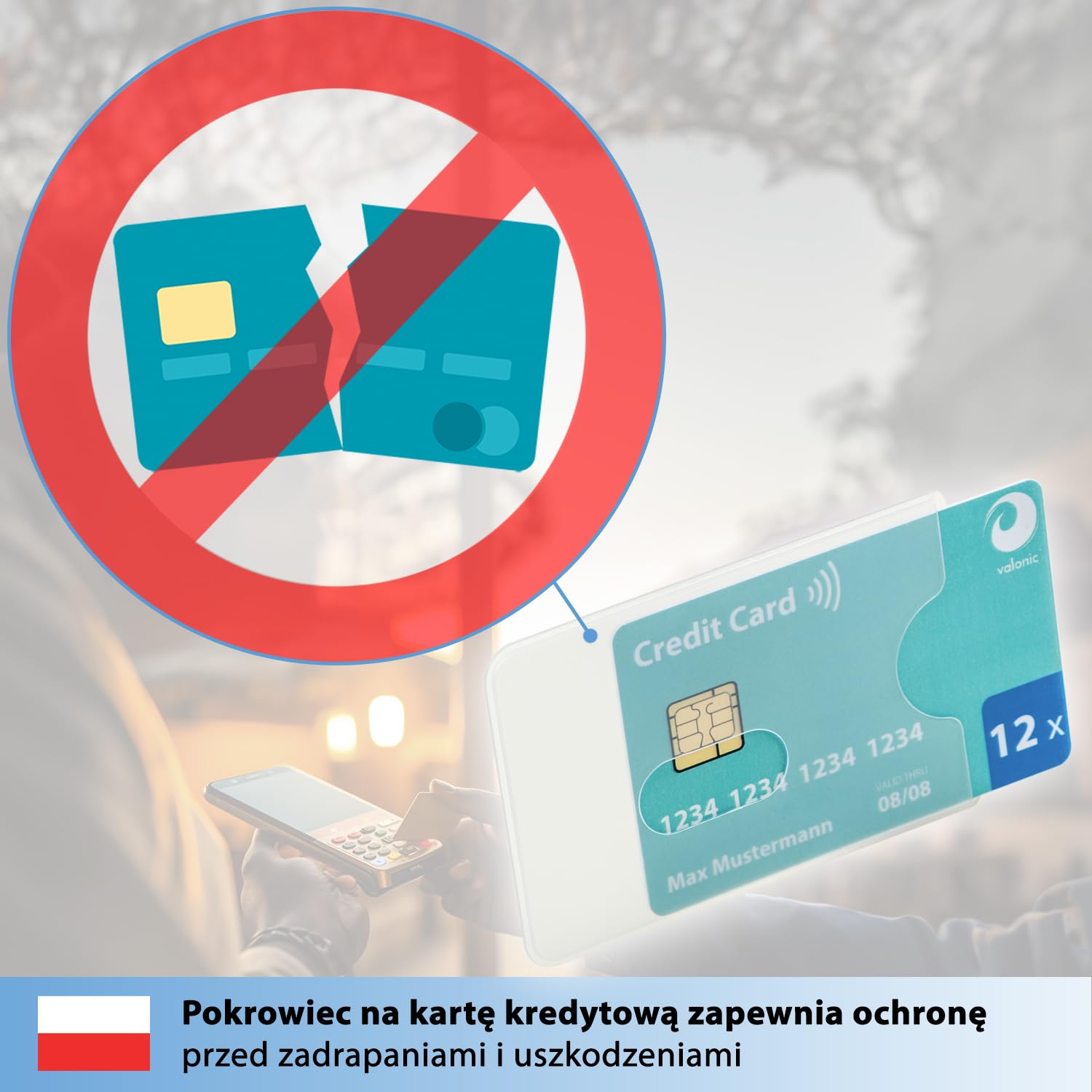 valonic osłona karty - 12 sztuk, wytrzymały plastik, wycięcie na otwór - matowa, przezroczysta - osłona do kart kredytowych i kart EC