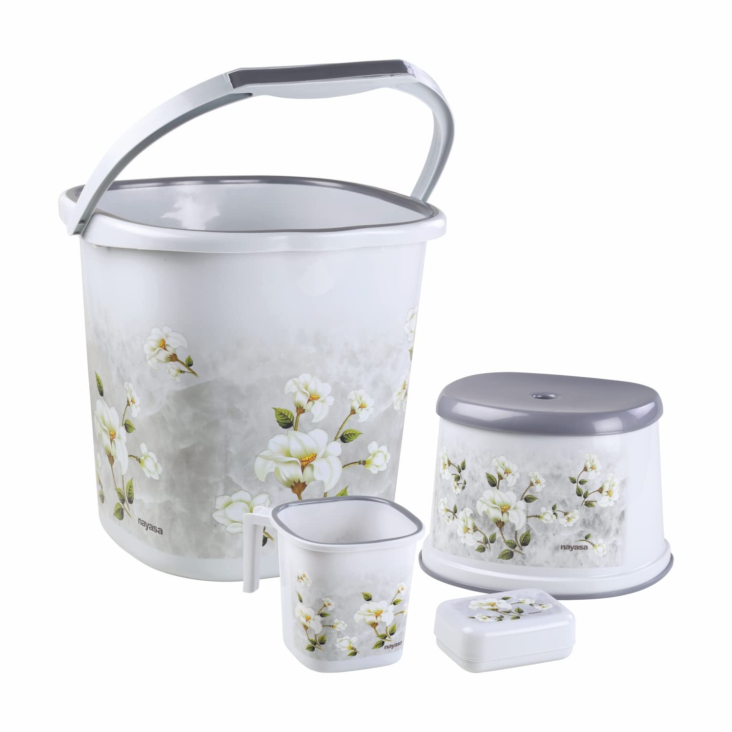 Nayasa Marble Bathroom Set, Set of 4 (18 Litre Bucket + 1500 ML Mug + Stool + Soap Case), of Plastic Bathroom Set, Ideal for Home & Office, Medium, Grey-image-13