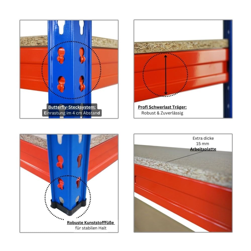 PROREGAL Mega Deal 2X Profi Schwerlastregal Bison, HxBxT 200x200x60cm mit Fachlast 600kg, 5 Fachböden, Blau-Orange, Steckregal Garagenregal Lagerregal Werkstattregal Weitspannregal
