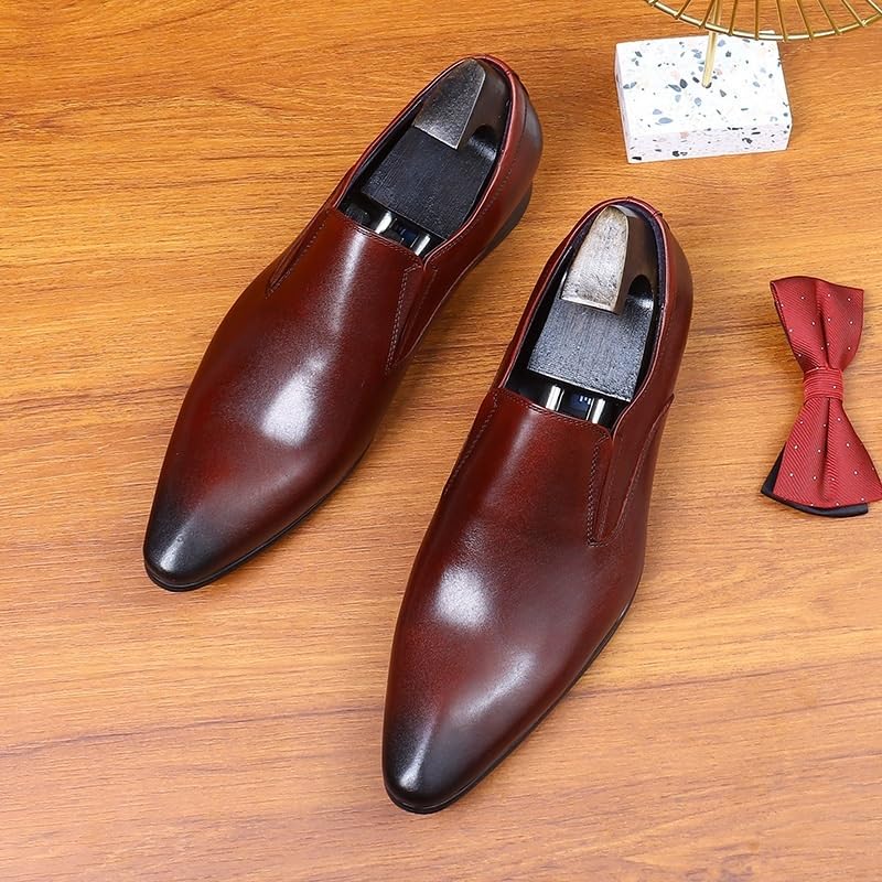 Dress Oxford Formal Shoes for Men Slip On Pointed Burnished Toe Genuine Leather Block Heel Low Top Rubber Sole Non Slip Resistant Working2