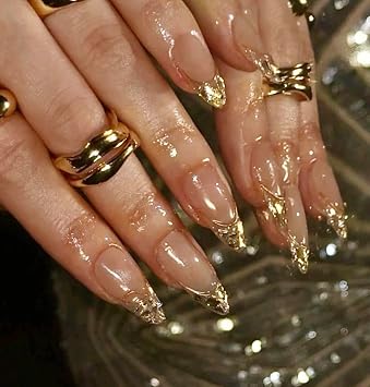Gold Foil French Tips Press on Nails | Medium Almond | Handmade Press on Nail|Gold Press on Nail/Lux Press on Nails|Acrylic Press on Nail Summer Golden, SIZE=S