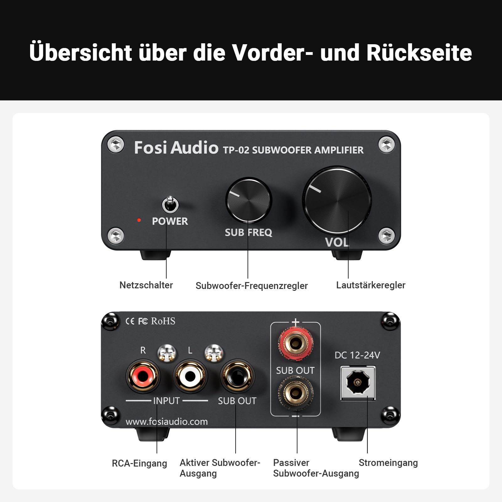 Fosi Audio TP-02 Subwoofer Verstärker Heimklang, Mini Bass Verstärker Mono Subwoofer Amplifier 220W, mit TDA7498E Chip Lautstärke- und Frequenzreglung, für aktive Passive Subwoofer Bass-Shaker