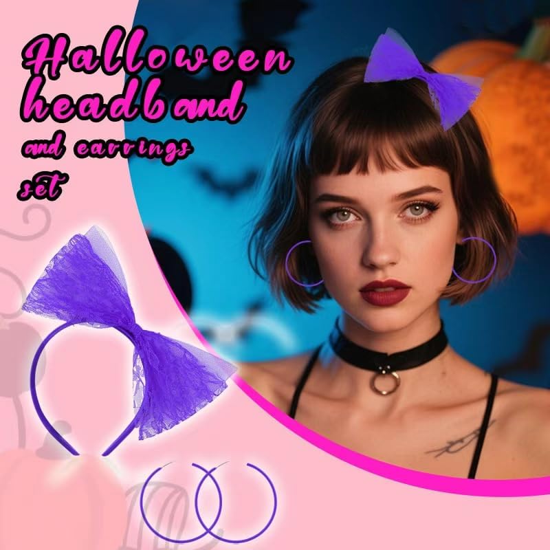 Miniatura 4 de Accesorios de los años 80 para mujer, diadema de lazo de encaje de los años 80 y aretes de neón para mujer, trajes retro vintage de los años 80 para