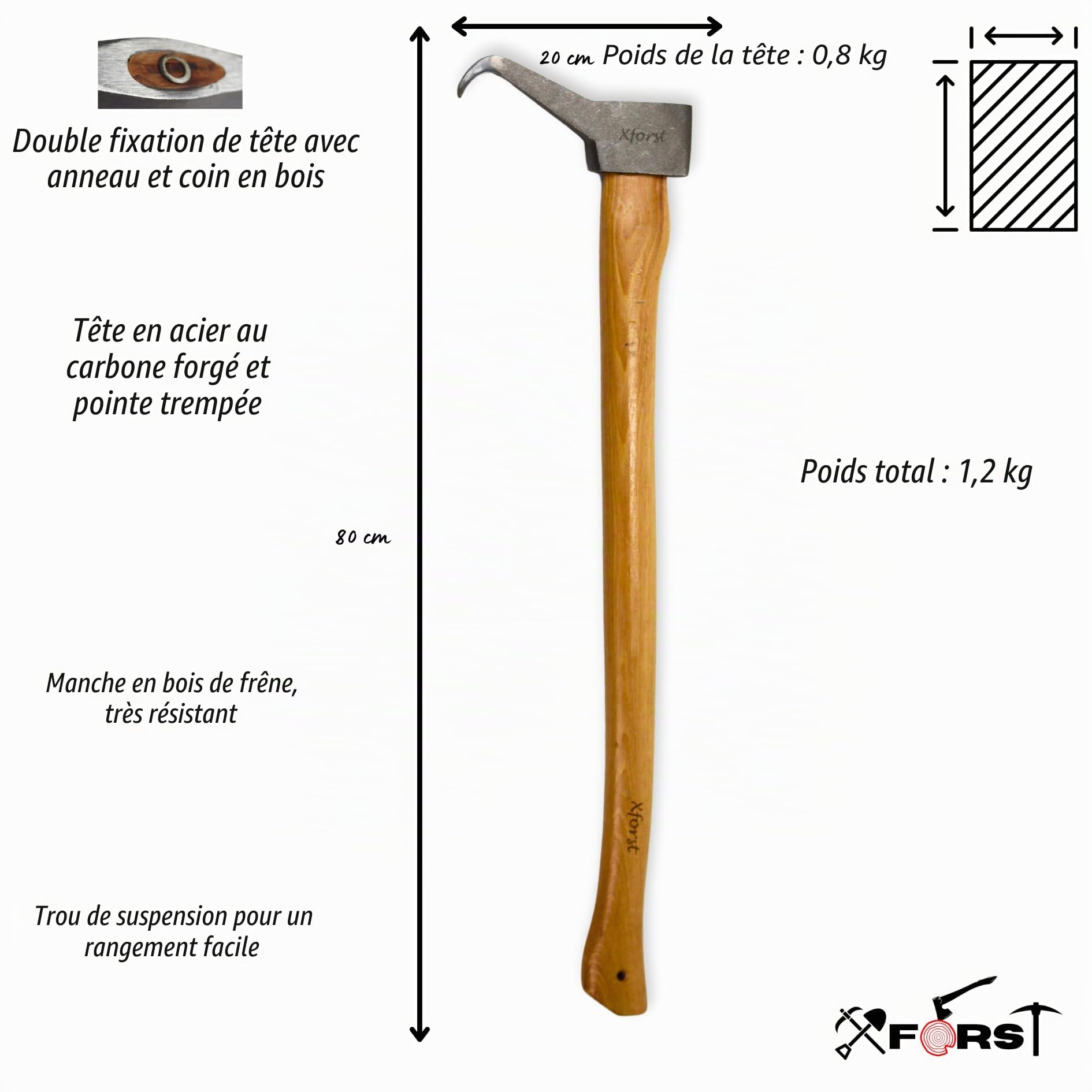 Xforst X-P88 Sapie Sappie idéal pour déplacer et ramasser des bûches et des Morceaux de Bois. Manche en frêne de 80 cm et tête Robuste de 0,8 kg. Utilisation Professionnelle.