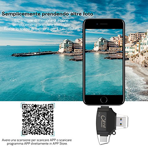 AUELEK 4 in 1 Lettore di Schede di Memoria Esterni Lightning USB 2.0 Flash Drive Reader Card con connettore di Tipo C USB TF e Funzione di OTG per iPhone/iPad/Nuovo MacBook PRO/Android