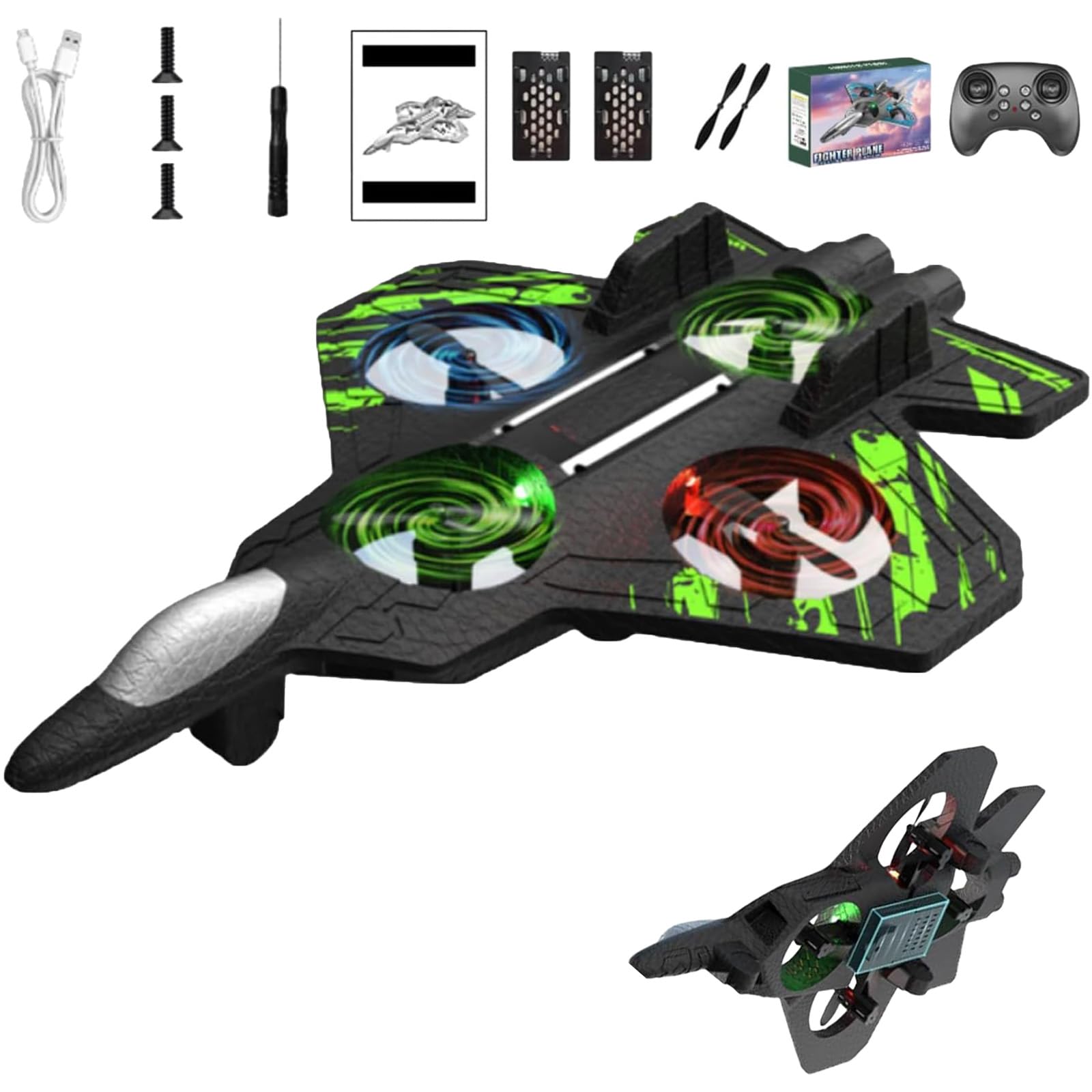 Jet With 360° Flips & Led Lights, Christmas Remote Control Helicopter, Foam Remote Control Airplane (Green + 2 Battery)