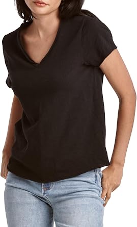 DEAR JOHN Vanya Short Sleeve Vee Neck Womens Slub Tee Knit Relaxed Fit Shirt