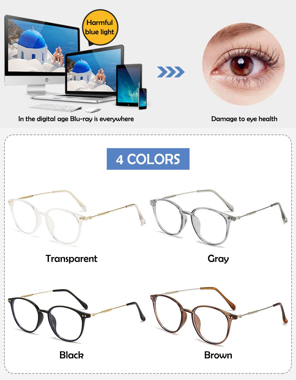 KOOSUFA Mode Rund Anti Blaulicht Lesebrille Damen Herren Metallbügel Ultra Leicht Computerbrille Lesehilfe 0.0 1.0 1.5 2.0 2.5 3.0 3.5 4.0