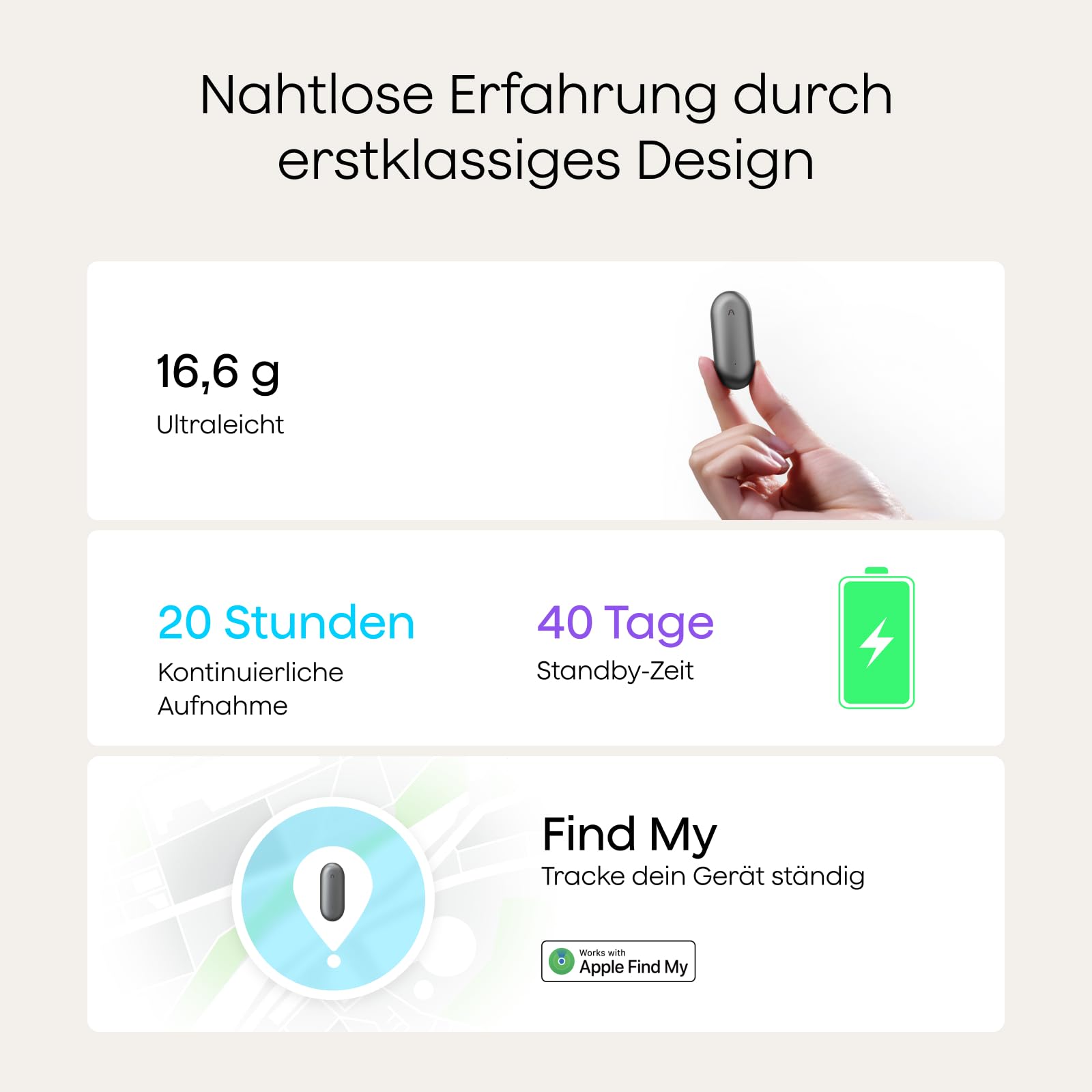 Plaud NotePin Sprachrekorder, KI-Sprachrekorder, Profis & Teams, KI-Notizgerät, KI-Transkription & Zusammenfassung, 112 Sprachen, Audiorekorder für Vorlesungen, Meetings, Kosmisches Grau