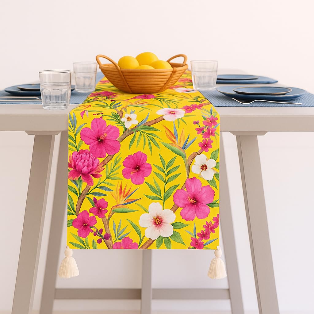 WWW.THROWPILLOW.IN Yellow Floral Tassel Table Runner 13x48 Inches|Fits 3 Feet Center Table,Dresser,Office Table,Book Desk,Entry Console, Console Table,Entrance Cabinet,Bar Cabinet