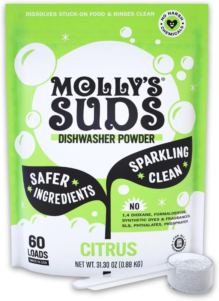 Molly’s Suds Dishwasher Powder | Clean Dishwasher Detergent, Cuts Grease & Rinses Clean (Residue-Free) for Sparkling Dishes | 60 Loads (Citrus) Molly’s Suds Dishwasher Powder | Clean Dishwasher Detergent, Cuts Grease & Rinses Clean (Residue-Free) for Sparkling Dishes | 60 Loads (Citrus)