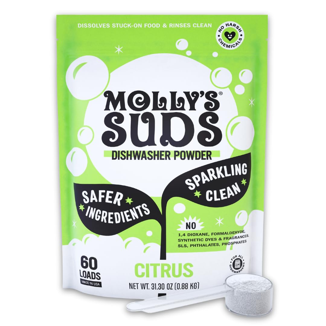 Molly's Suds Dishwasher Powder | Clean Dishwasher Detergent, Cuts Grease &amp; Rinses Clean (Residue-Free) for Sparkling Dishes | 60 Loads (Citrus)