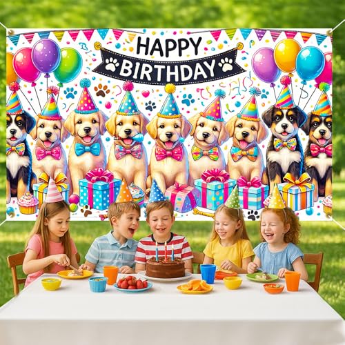 Image of 70.8x43.3 Inch Happy Birthday Dog Puppy Party Banner Paw Print Balloon Bow Tie Backdrop Decor Pet Dog Birthday Party Supplies Photo Background Gift