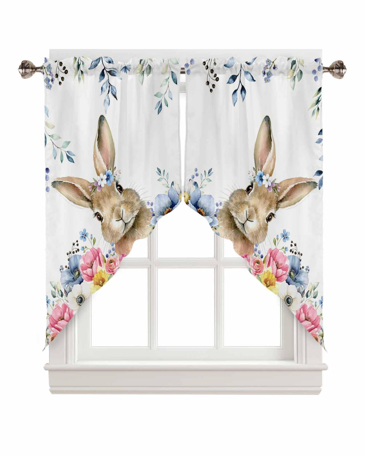 BEMIGO Easter Cute Bunny Swag Valances Kitchen Decor Curtain Spring Flowers Rod Pocket Thermal Insulated&amp;Washable Window Curtains for Kitchen Bedroom Valances for Windows 2 Panels, 36x45inch
