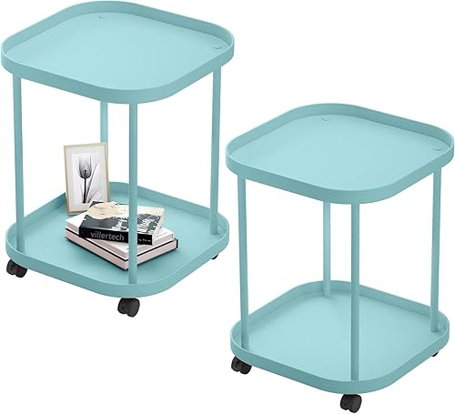 villertech Mesa auxiliar con ruedas, mesa auxiliar para sala de estar, sofá móvil de plástico, mesita de noche pequeña, dormitorio, azul (paquete de