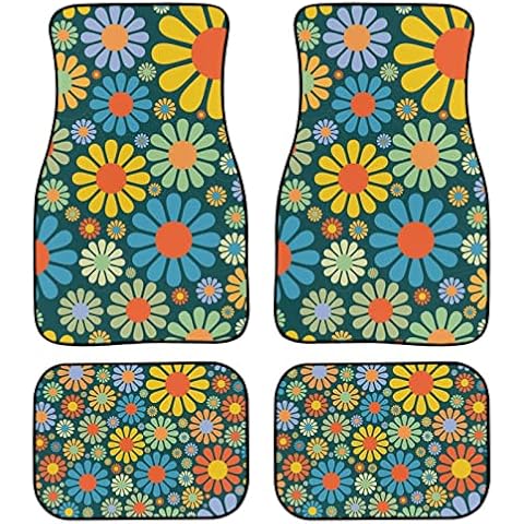 PZZ BEACH Abstract Hippie Flower Car Floor Mats for Women Men Full Set Auto Accessories Colorful Floral Universal Fit 4 Pieces Cover