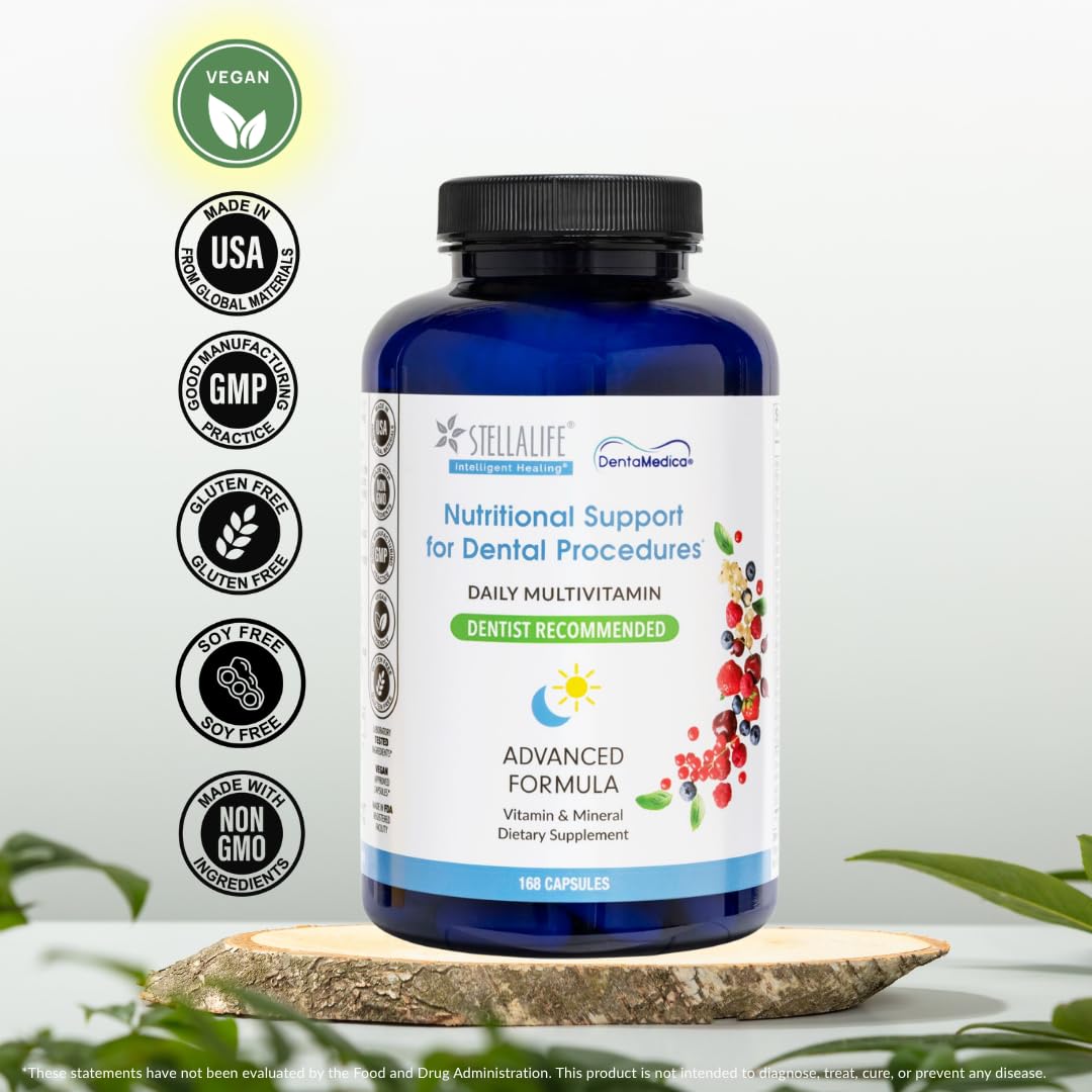StellaLife DentaMedica Vegan Daily Multivitamin Nutritional Support for Faster Dental Surgery Recovery, VIT D3 K2 C B Zinc CoQ10 Magnesium, Healthy Bones & Gums, Non-GMO, GMP USA, 168 Capsules — Amazon image 5