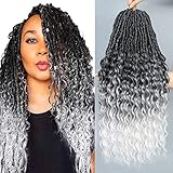 DAIRESS 7Packs Faux Locs Crochet Hair With Curly Ends 24Inch Soft Locs Pre-looped Goddess Locs Crochet Hair New Locs Curly Deep Wave Crochet Locs Synthetic Hair Extensions(24Inch Pack of 7, T1B/Grey/White)