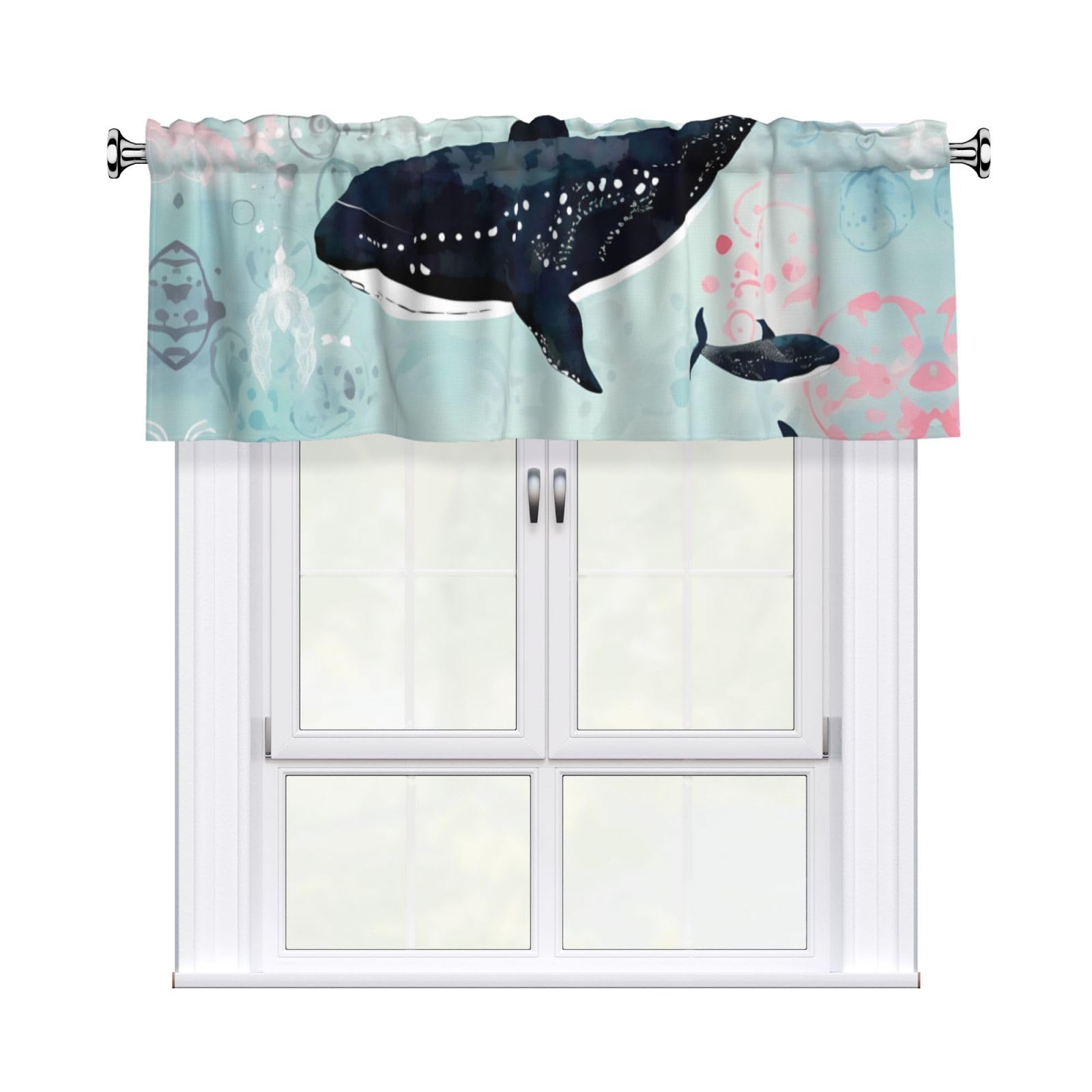 DWVTSLH Whale Valances Curtains for Windows, Rod Pocket Drape Valence Blackout Short Curtains for Kitchen Bathroom Bedroom Window Treatment for Home Décor 54x18 Inch