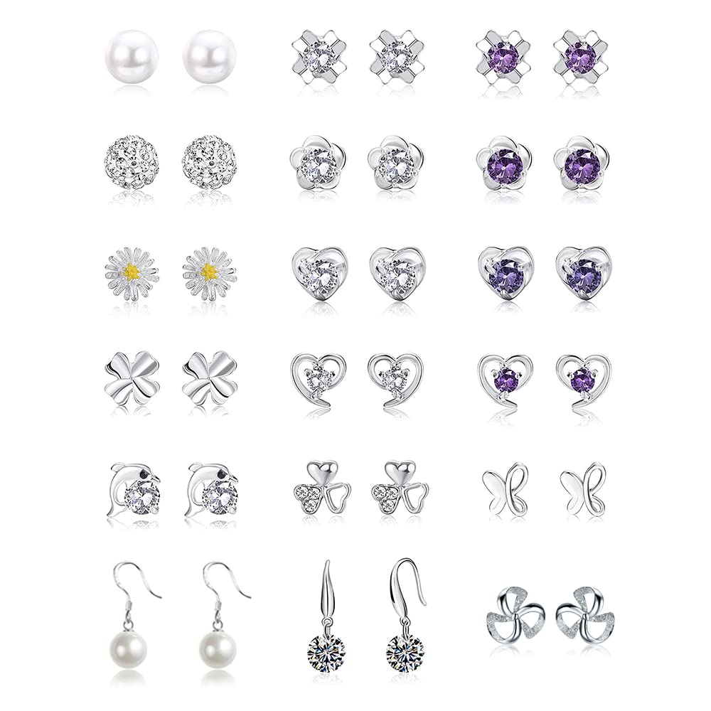 TOEECY 18 Pares Pendientes Plata de Ley 925 para Mujer Niñas Perlas Cristal Corazón Pequeños Aretes Circoniña Cartílago Pendientes Studs Set Hipoalergénicos Piercing Oreja Joyería
