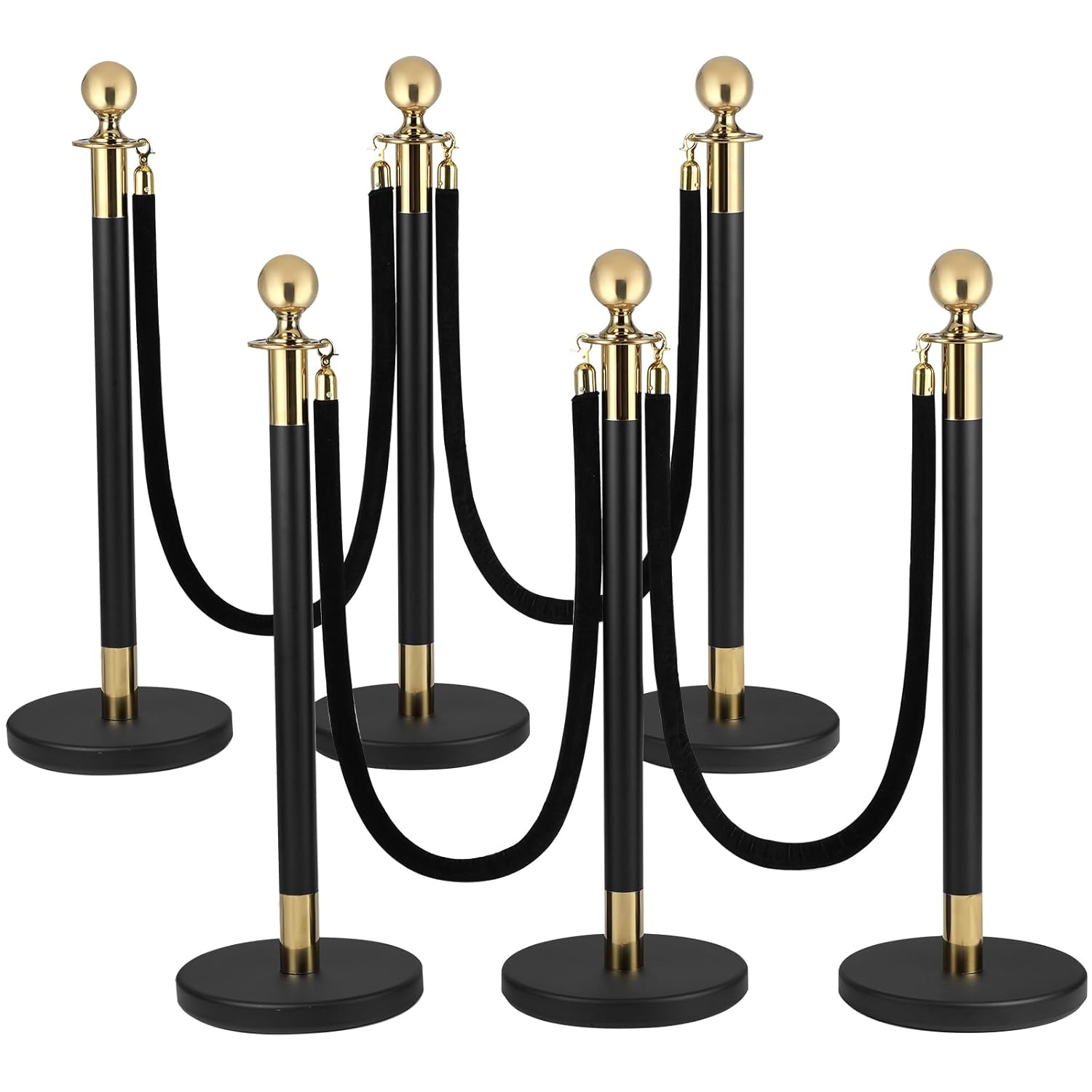 6Pack Stanchions and Velvet Ropes, 5 ft Black Velvet Rope and Poles Set, Black-Gold Stainless Steel Stanchion Posts Crowd Control Barriers for Red Carpet Runner Party Supplies 6 Pack Black & Gold Color