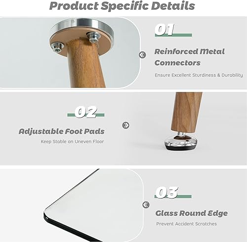 Miniatura 6 de Moccha - Mesa de comedor de cristal de 51 pulgadas, mesa rectangular moderna con amplia mesa de vidrio templado y patas de metal de grano de madera,