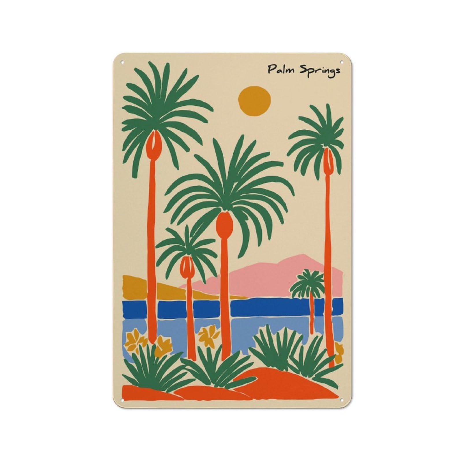 Junmoney Style-10 Palm Springs Illustration With Palm Trees Rustic Metal Wall Sign 30X20cm For Bar Or Restaurant, A Decorative Metal Sign For Bars And Restaurants