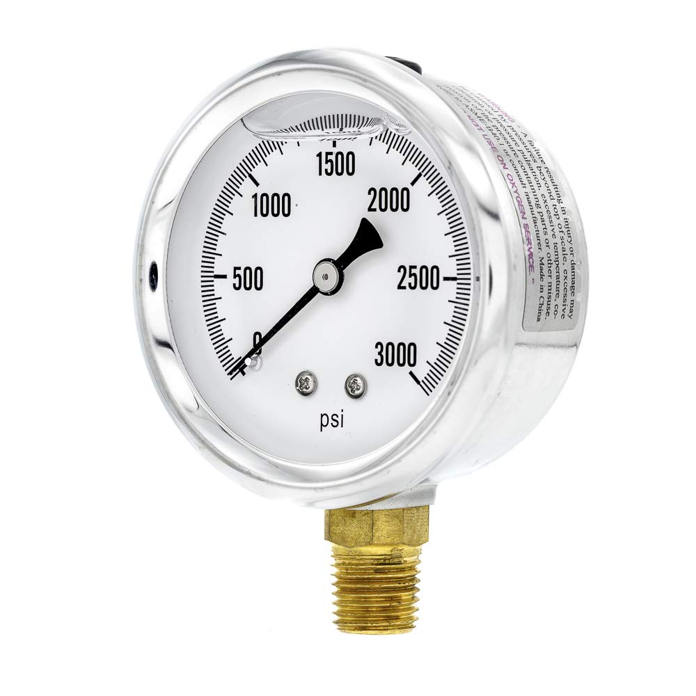 PIC Gauge S201L-254P 6,35 cm Esfera, 0/3000 psi Rango, 1/4" macho NPT Tamaño de conexión, montaje inferior individual Glicerina llenado Medidor de presión con una caja de acero inoxidable, latón internos, bisel de acero inoxidable y lente de policarbonato