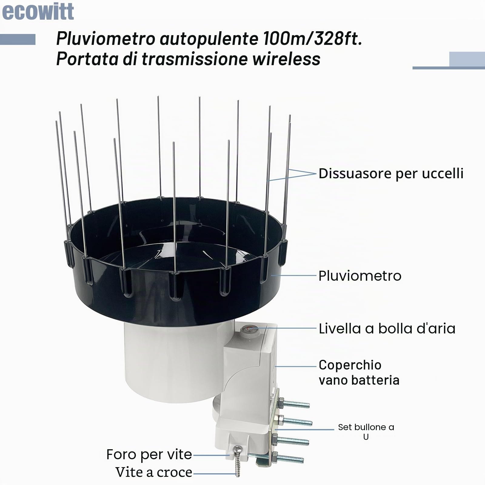 ECOWITT WH5370H - Pluviometro digitale senza fili (con termometro), serbatoio autosvuotante con design migliorato da 3,5 cm per il monitoraggio della pioggia in tempo reale