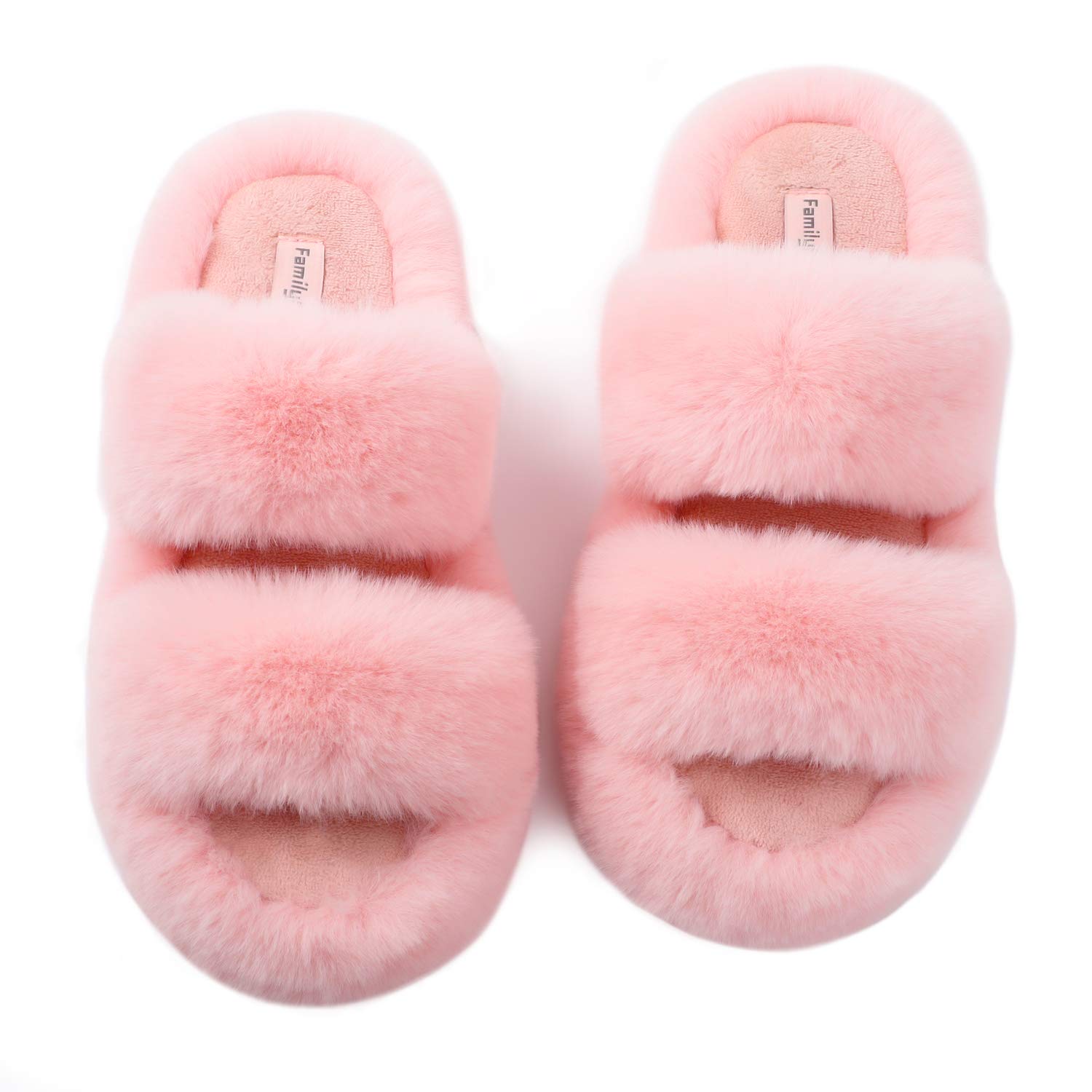 FamilyFairyWomen's Fluffy Faux Fur Slippers Comfy Open Toe Two Band Slides with Fleece Lining and Rubber Sole