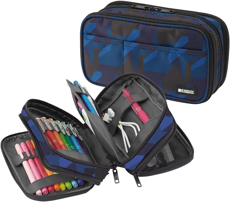 Image of LIHIT LAB Large Capacity Triple Zipper Pencil Case For School Office College, Big Capacity 8 Compartments Pencil Bag Holder Adults Teen Boys Girls, Travel Cosmetics Storage, Navy Camo (A7556-132)