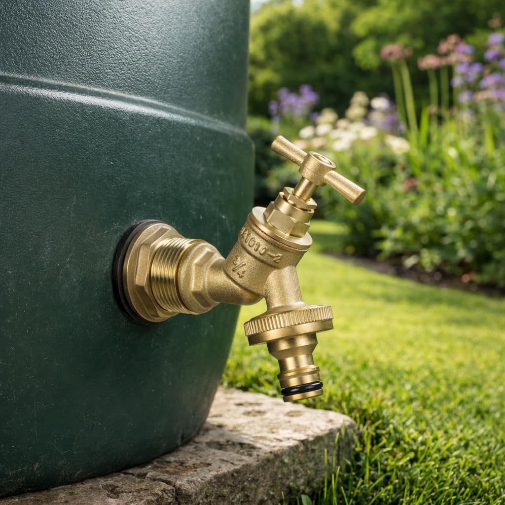 Solid brass water butt/rain barrel/tank threaded outlet adaptor/connector with 2 washers and nut,range of tap options (connector+brass bib+quick con)