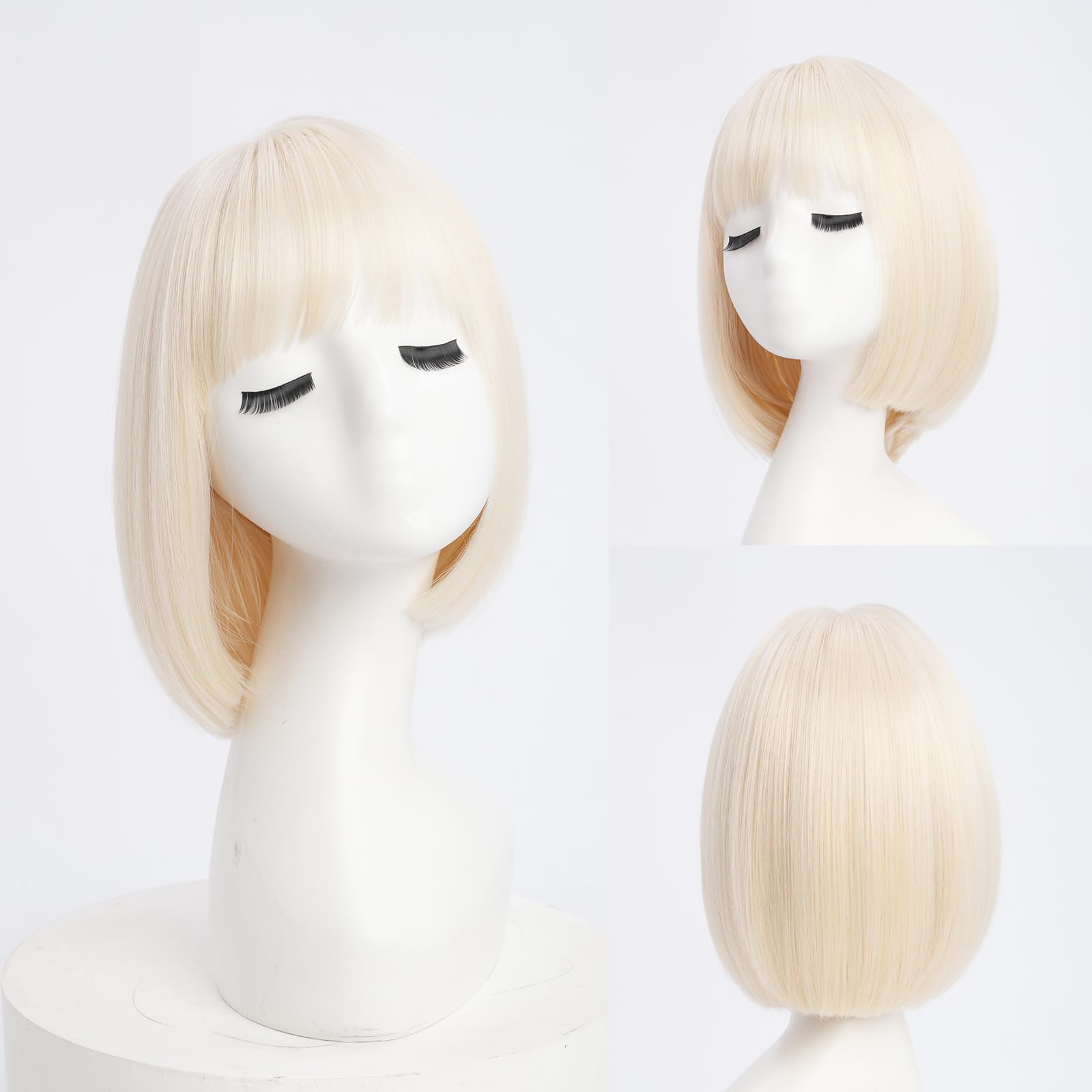 YaissmyLu Short Platinum Blonde Straight Wig with Bangs Light Blonde Bob Wigs for Women Natural Looking 613 Blonde Synthetic Hair Heat Resistant Fiber Wig for Daily Party Cosplay (10 inch) - Image 2