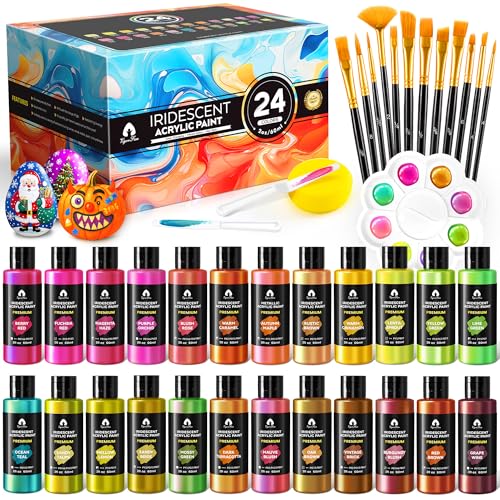 40 Pcs Iridescent Acrylic Paint Set with 12 Brushes, 2 Knives & Palette, 24 Colors (2oz/60ml) - for Adults, Kids, Artists & Beginners - Canvas Ceramic Rock Wood Egg Painting Kit