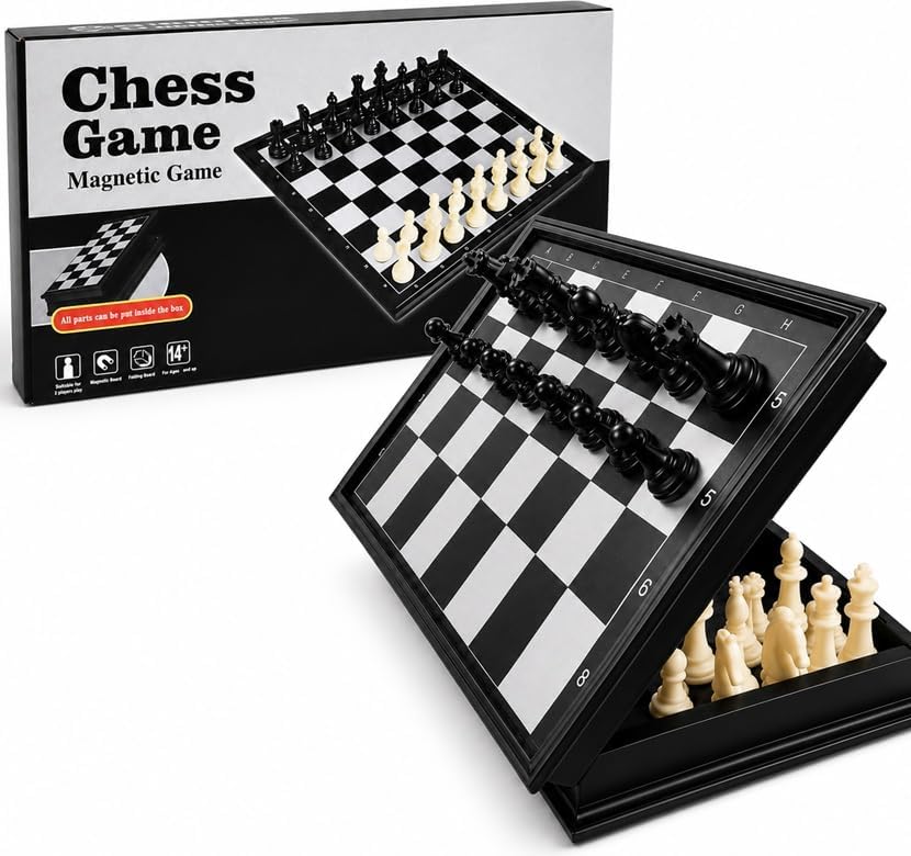 Image of LONGMIRE Magnetic Chess Board Educational Toys Set with Folding Chess Board with Pieces Storage | Portable Strategy Game for Kids & Adults 2 Player Game for Travel, Learning & Fun Multicolor (Black)