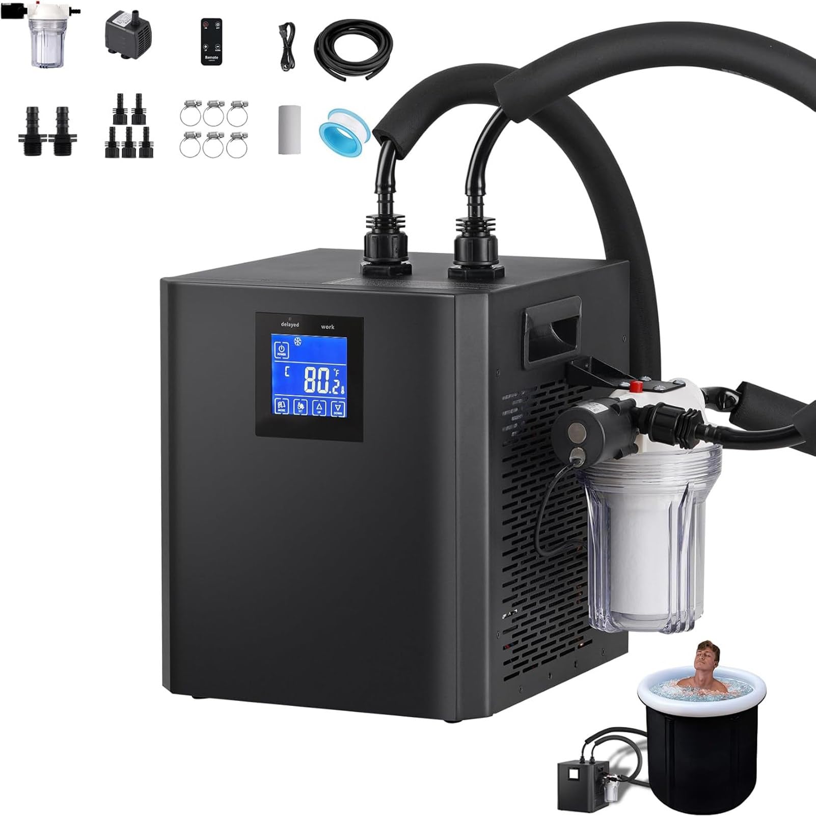 Pnpaea Ice Bath Water Chiller,Water Chiller Cold Plunge Chiller with External Filter & Submersible Pump,Universal Cooling System with LED Display,Ice Bath Cold Water Recovery DualPump
