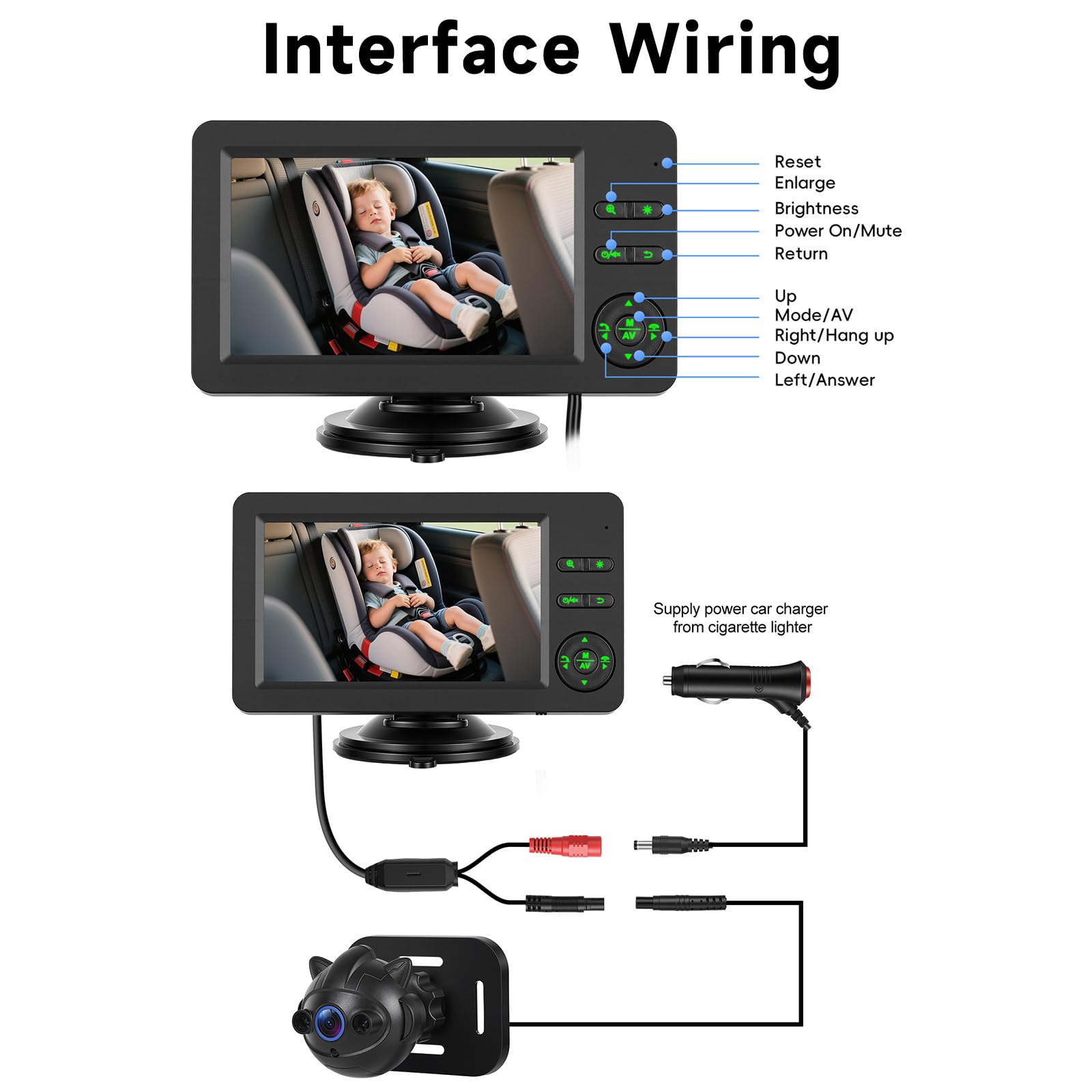 VECHTEL Monitor Bebé para Coche Asiento Trasero, Pantalla 4,3'' HD 720P, Cámara Gran Angular 360°, Visión Nocturna, Bluetooth, Teclas Retroiluminadas, Instalación Rápida para Viajes Familiares