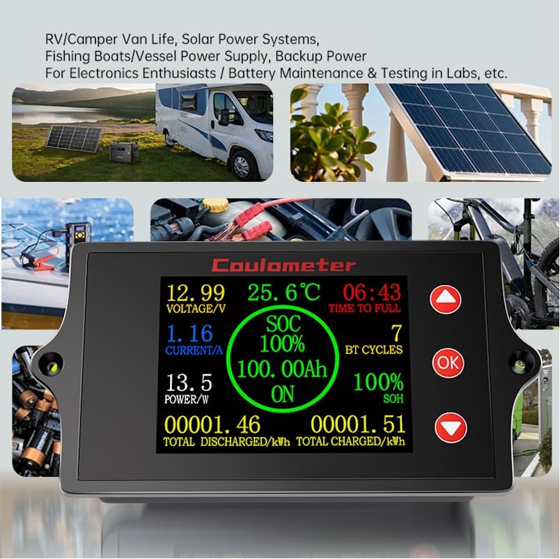 Image of RQG New 500A Battery Monitor with Shunt,8-100V 2 Inch Color Screen Shunt Monitor,High Precision TFT Color Screen Coulometer for Car RV Golf Cart Solar Panel