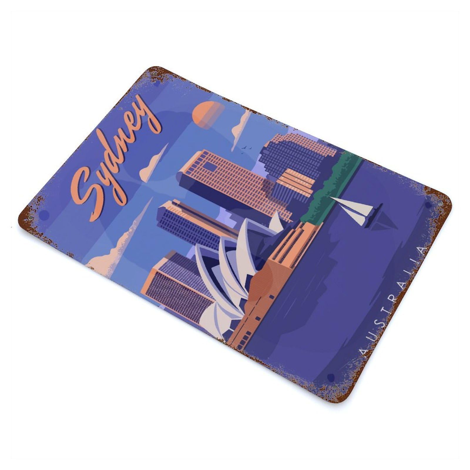 Travel to Sydney Rust Effect Tin Sign 11.8"x7.9", Ideal for Garage, Bar And Workshop Decor