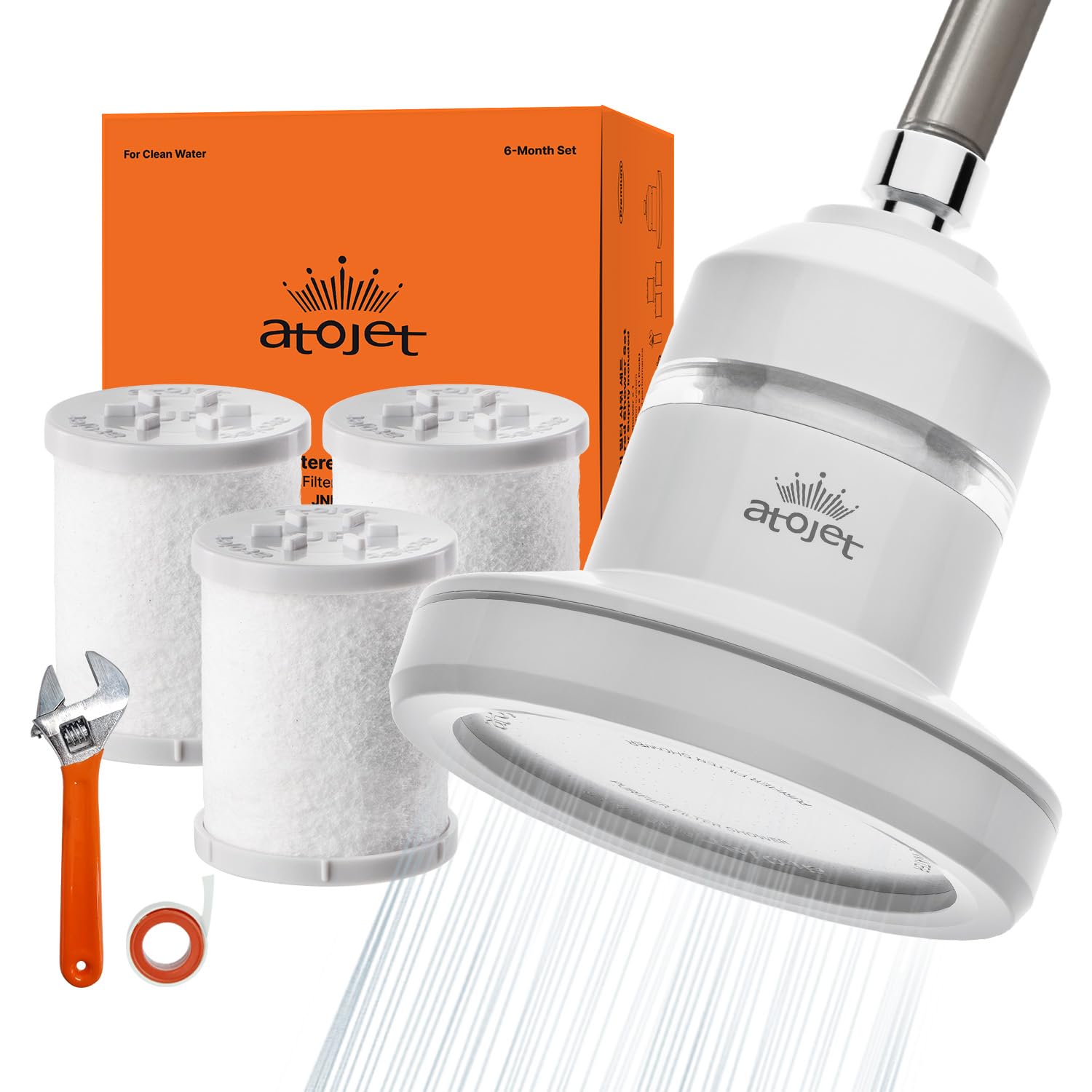 Atojet White Core Shower Filter Shaped By Korea’s Beauty History - Pure Carbon Filters For Softer Skin & Smoother Hair | Carbon Composite Filter | 8 Month Set (Jne900w-Set-8Mo)