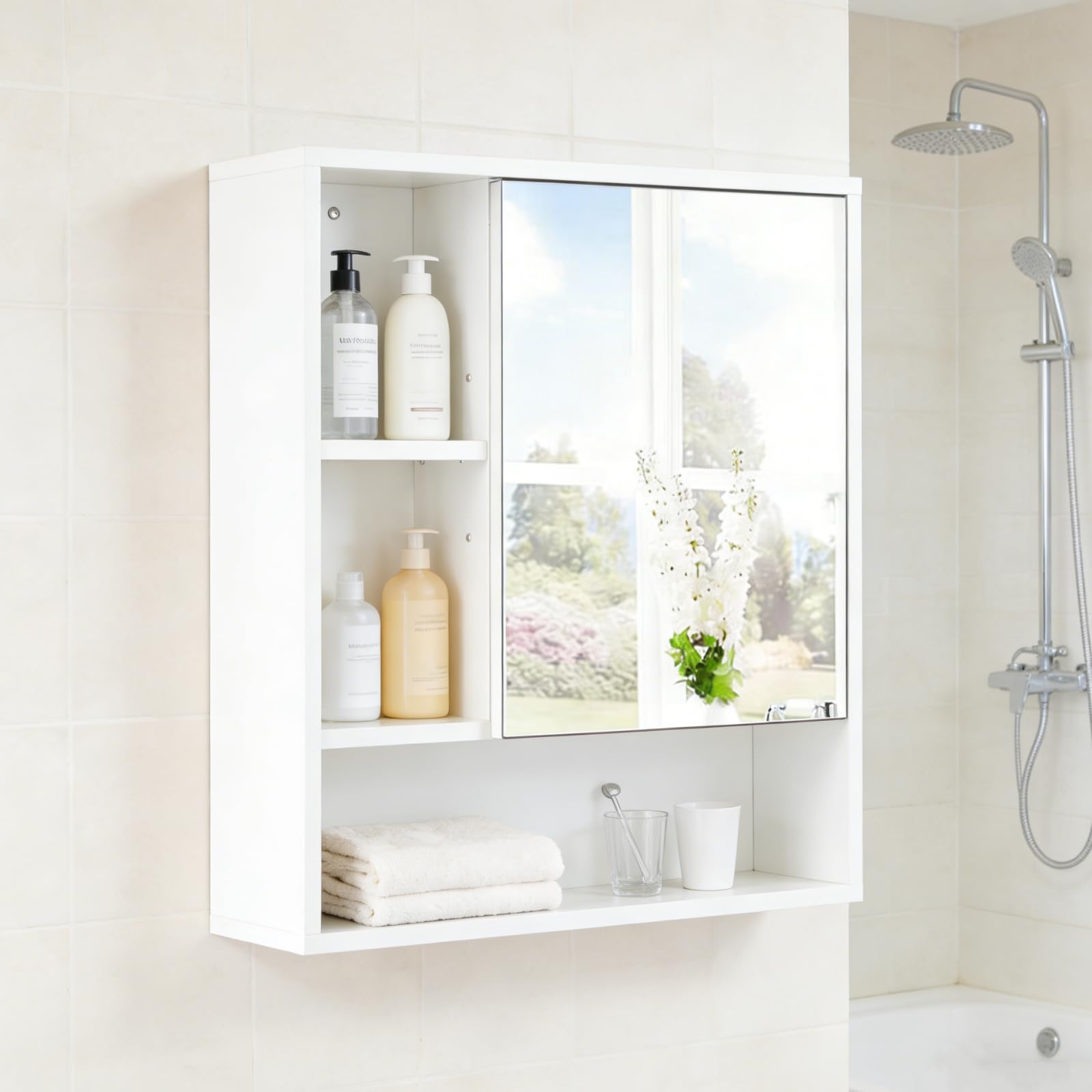 LIFEZEAL Armadietto da Parete per Bagno con Specchio, Mobile per Bagno con Mensola Regolabile e Rimovibile, Scomparto Aperto, Porta a Specchio, per Soggiorno, Ingresso, 55 x 16 x 61 cm (Bianco) - 3