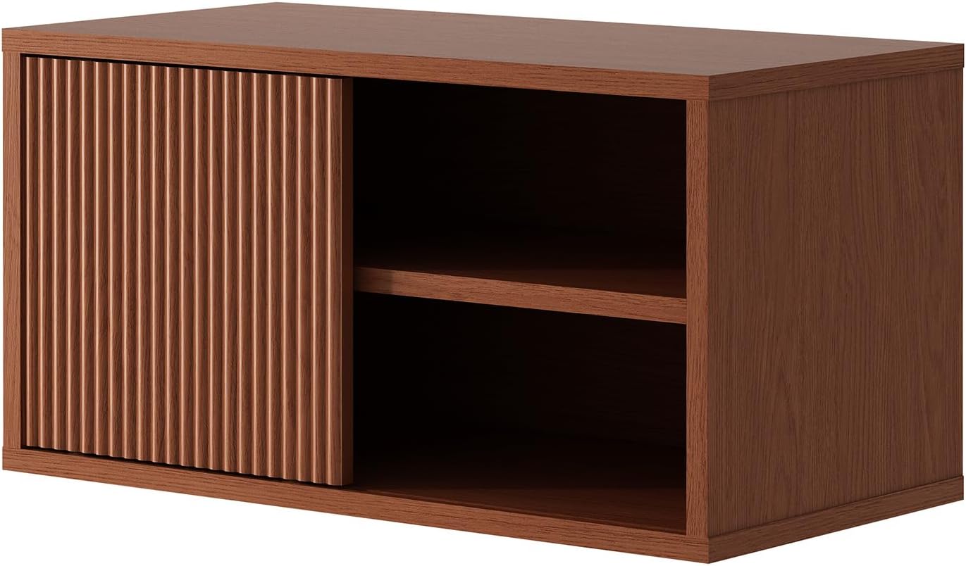 MUSEHOMEINC Modern Wooden Bookcase with Storage Cabinet,Sliding Door 2 Tier Open Bookcases,Up-Flip Door Display Unit for Home Office, Living Room (1, ST1026WN)