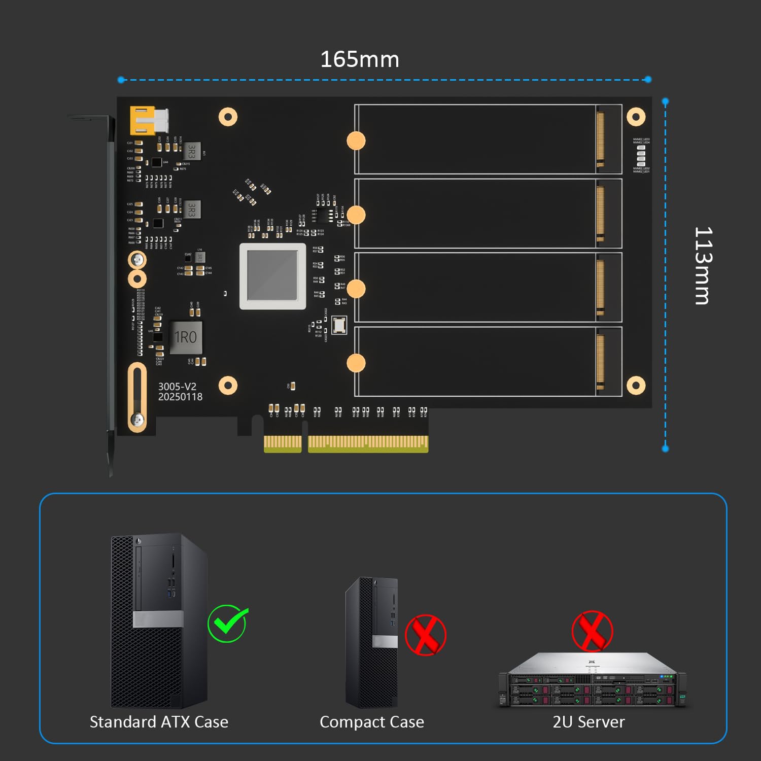 GLOTRENDS PA44 Quad Adaptador M.2 NVMe a PCIe 4.0 X8 con bifurcación PCIe, configuración de Raid M.2 NVMe Suave Mediante Herramienta del Sistema operativo (Solo Compatible con tamaño 2280)