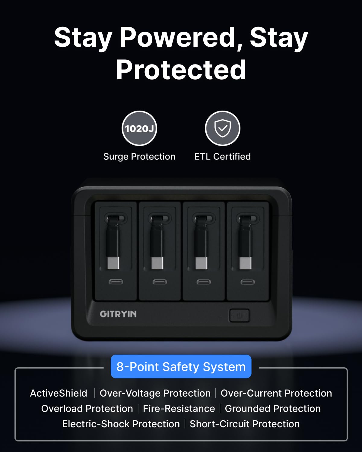 Gitryin Stacja ładująca 12 w 1 z 4 wysuwanymi ładowarkami ściennymi typu C, listwa zasilająca USB-C 40 W z płaską wtyczką, przedłużacz z ochroną przeciwprzepięciową 1020J, do domowego biura