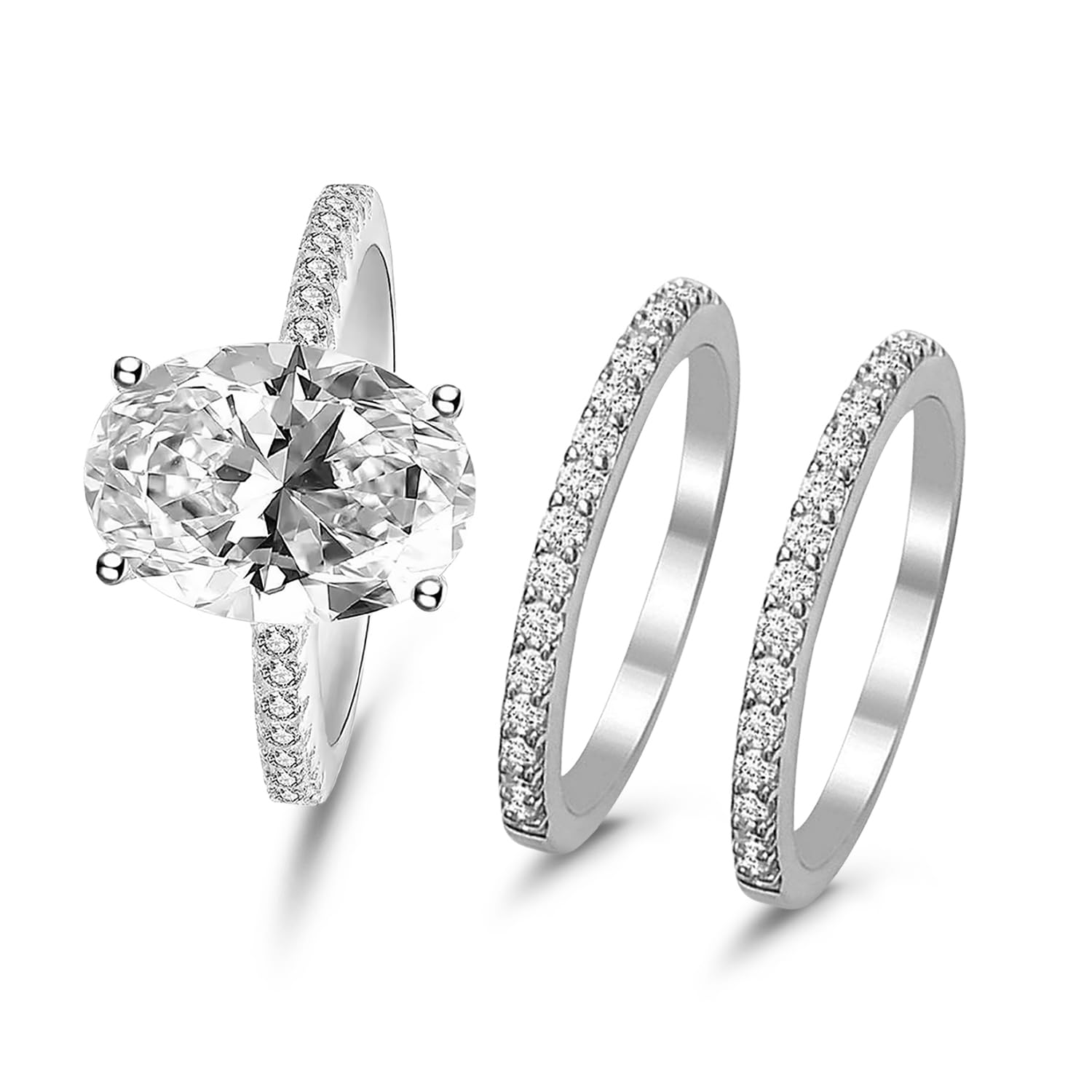 Silver Plated Crystal & Cubic Zirconia Studded Set of 3 Solitaire & Eternity Ring Contemporary Jewellery for Women & Girls (US 7)-image-5