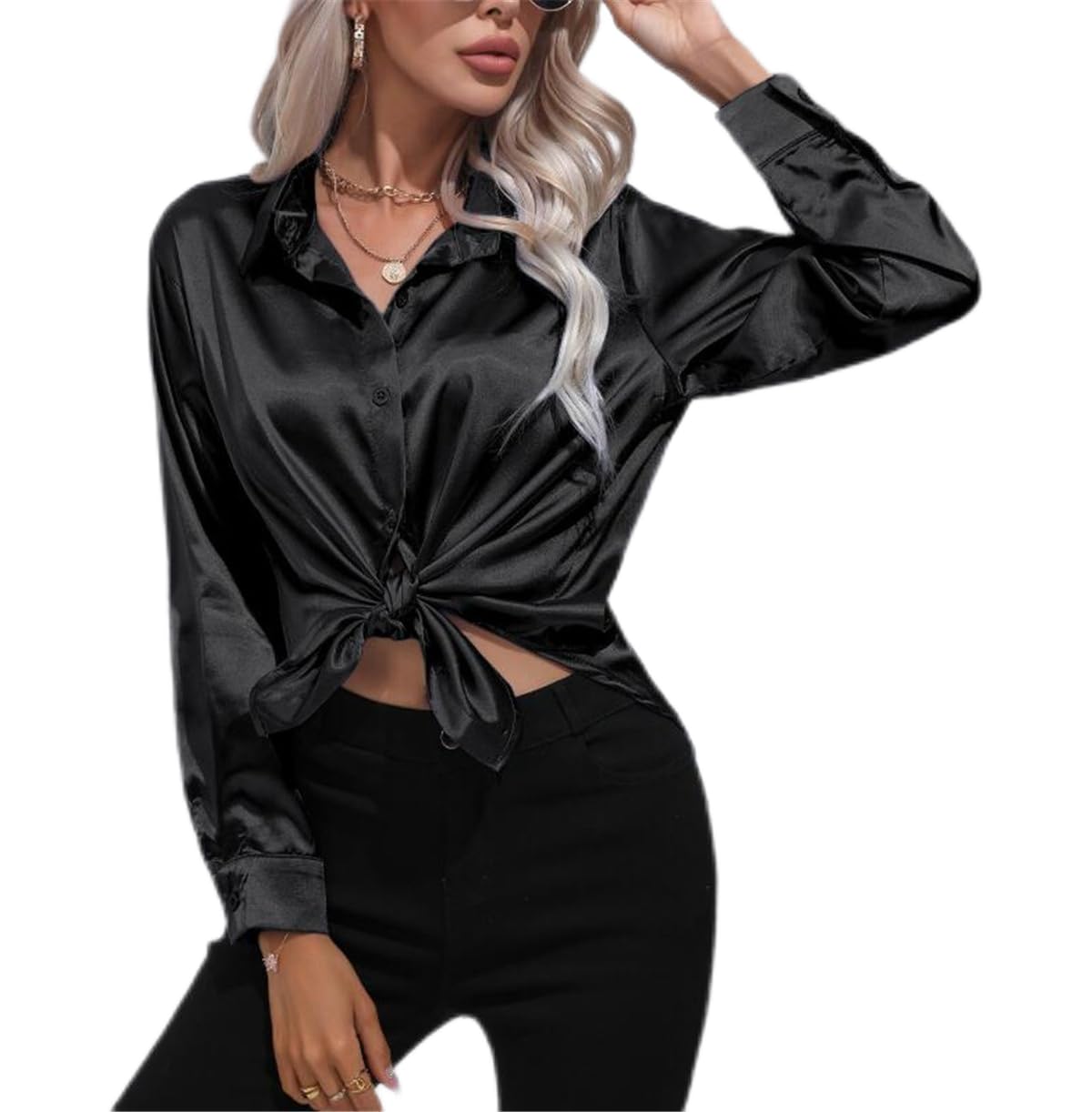 Women's Long-Sleeved Button Silk Shirts Casual Business Work Party Satin Silky Shirt Tops