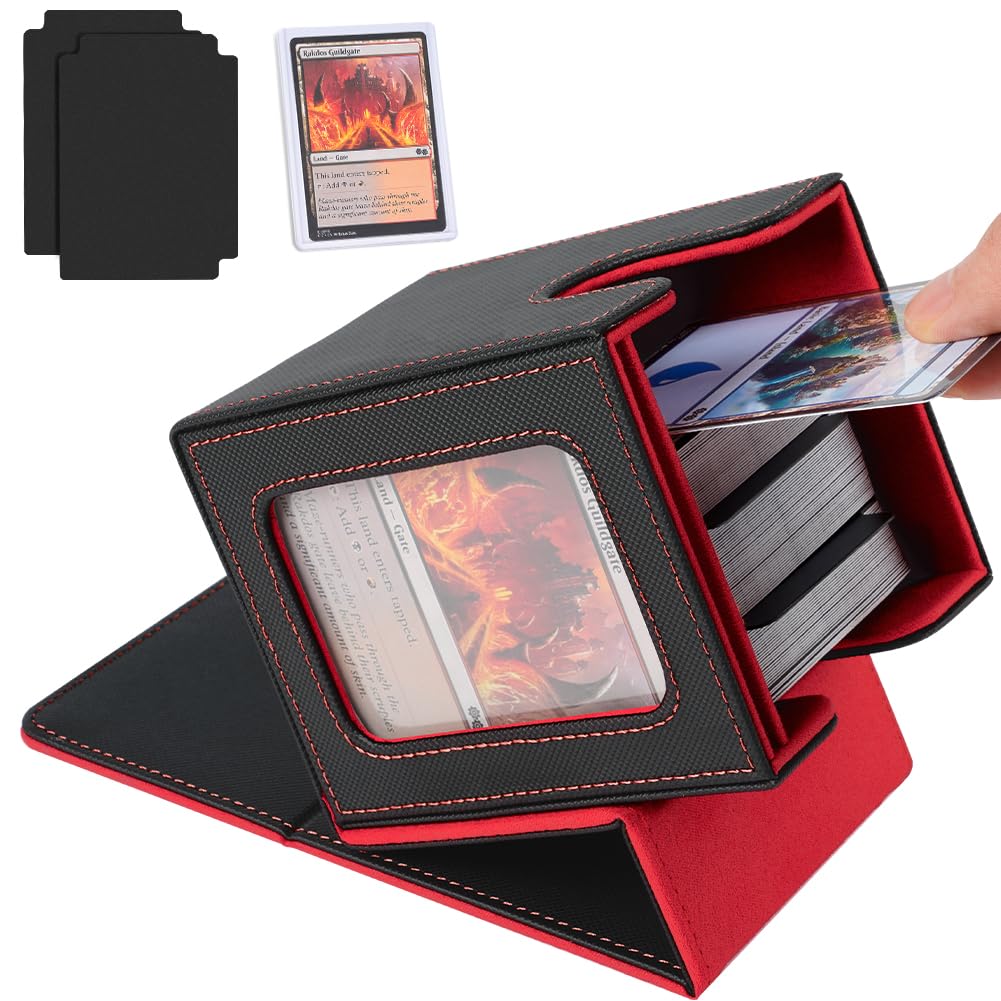 Aolso Card Deck Box for MTG Commander, Magnetic Card Display Case with 2*Dividers,1*Toploader and 1*Dice Bag, PU Leather Storage Box Fits 100 Double Sleeved Cards-Red