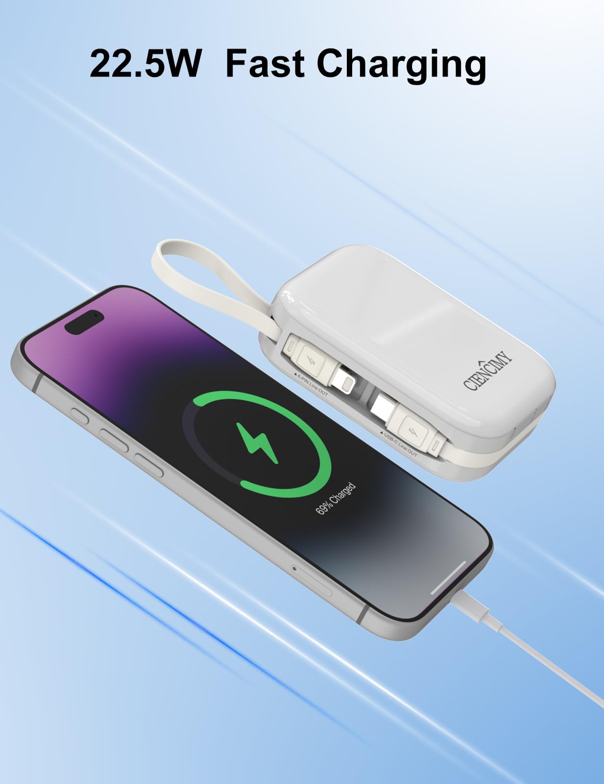 Power Bank da 10000 mAh con Lightning integrato e USB‑C, ricarica rapida da 22,5 W, display digitale a LED, caricabatterie portatile sottile da 176 g per iPhone 17/14 e Android